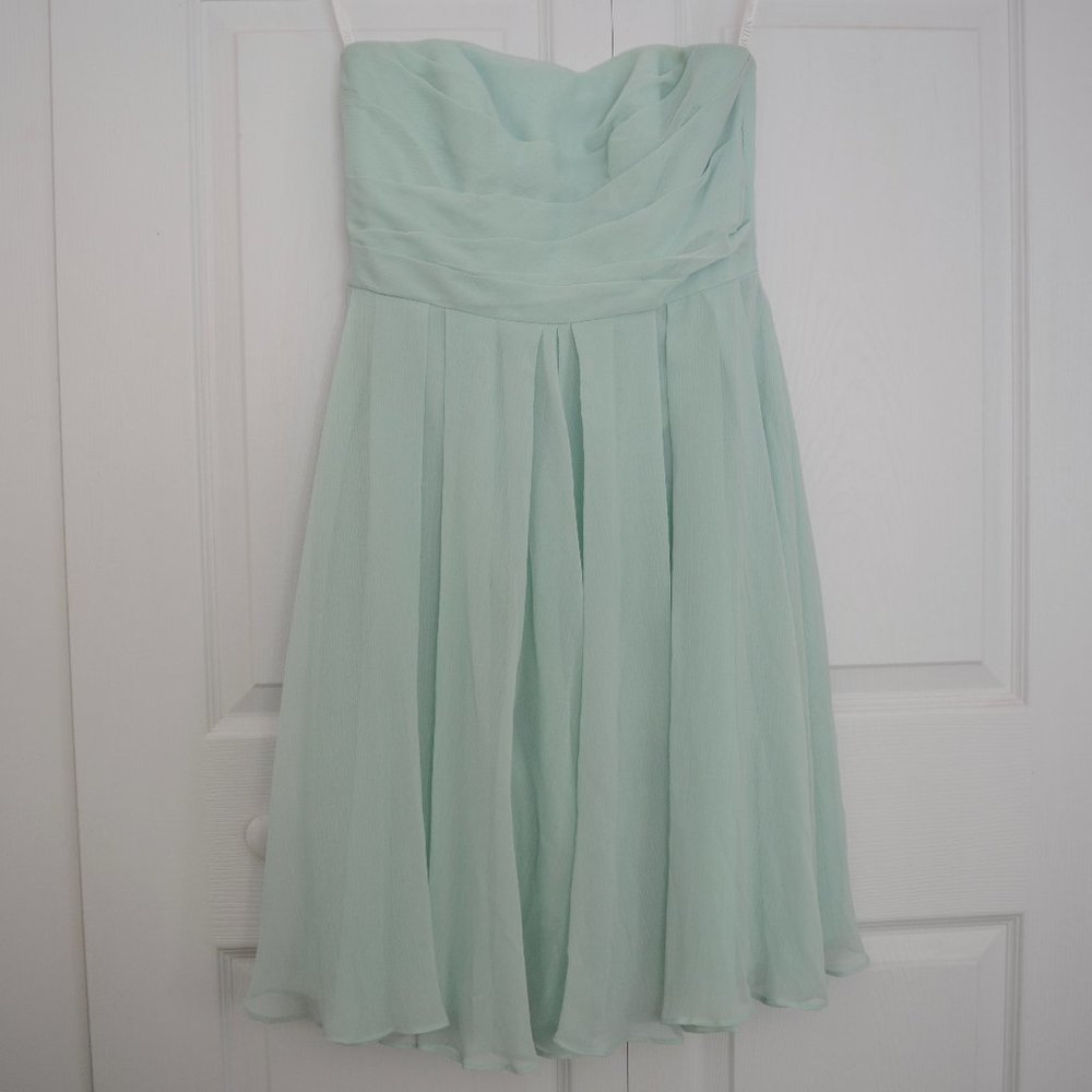 Tea length strapless mint bridesmaid's dress
